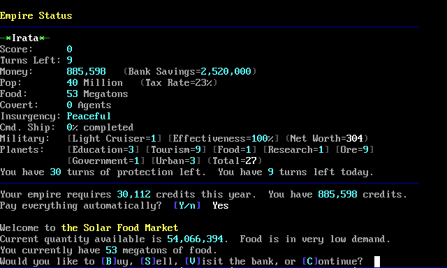 SRE empire status screen.