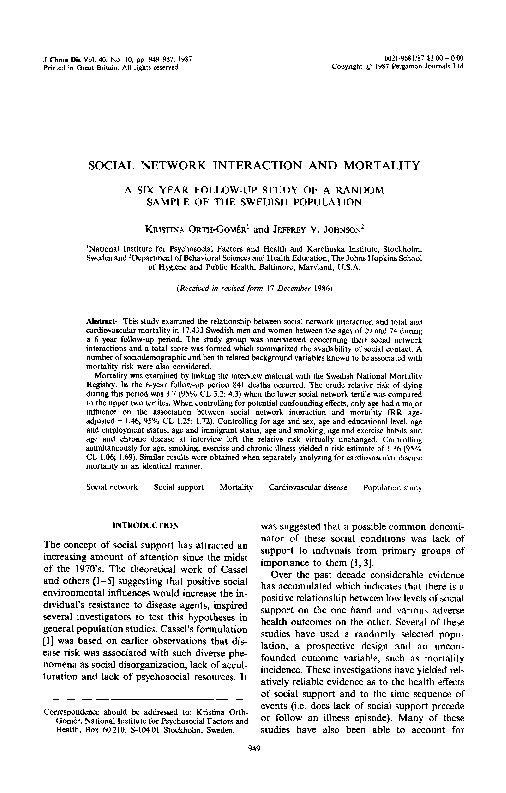 First page of “Social network interaction and mortality”