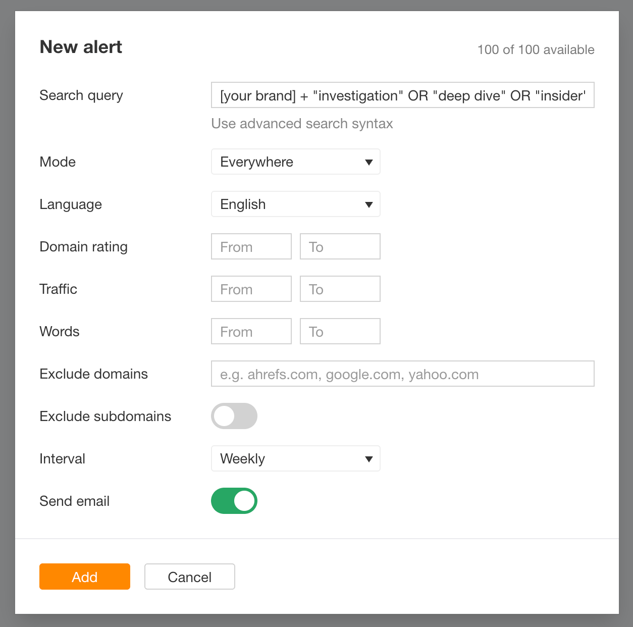 Form to create a new alert with search query, mode, language, and send email options.
