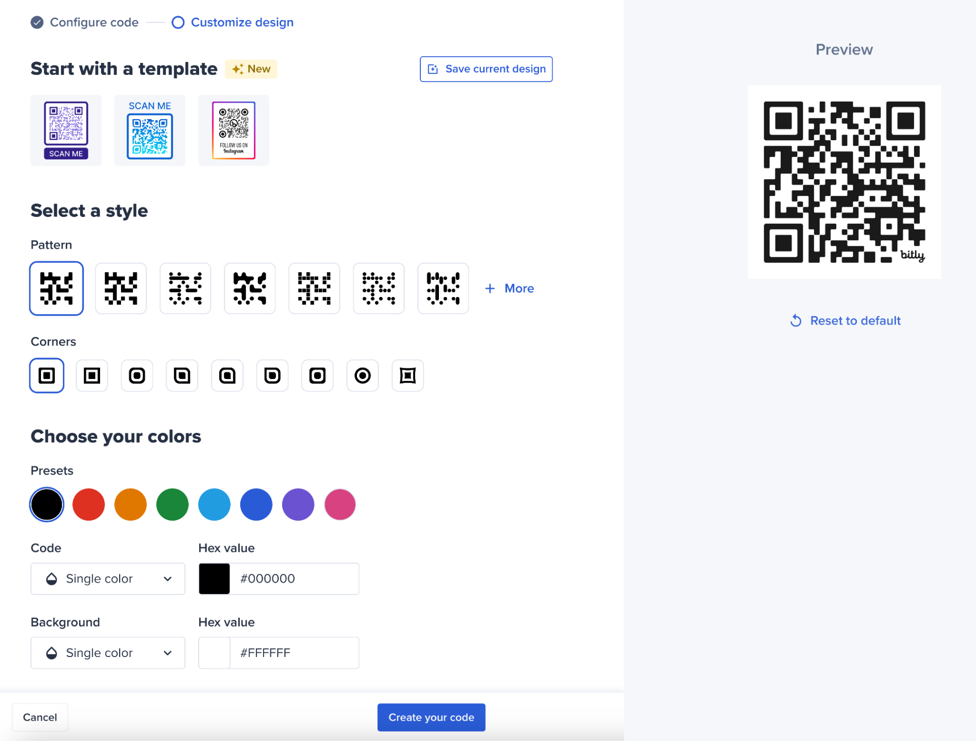 Capture d’écran présentant les différents modèles, styles et couleurs disponibles pour personnaliser vos codes QR