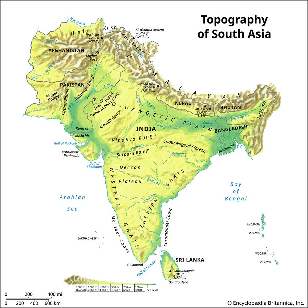 Map showing the topography and physical features of South Asia, including the Indian subcontinent.