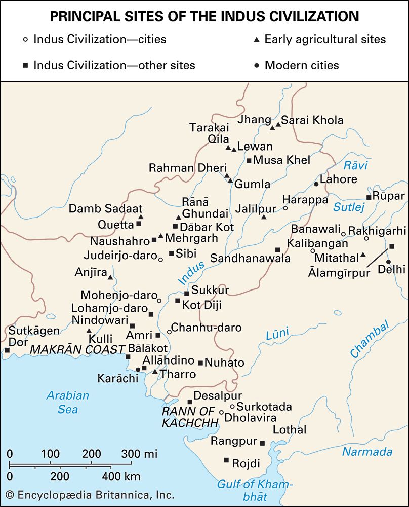 Map showing important sites in the history of the ancient Indus civilization, including cities and agricultural sites, along with the locations of modern-day cities.