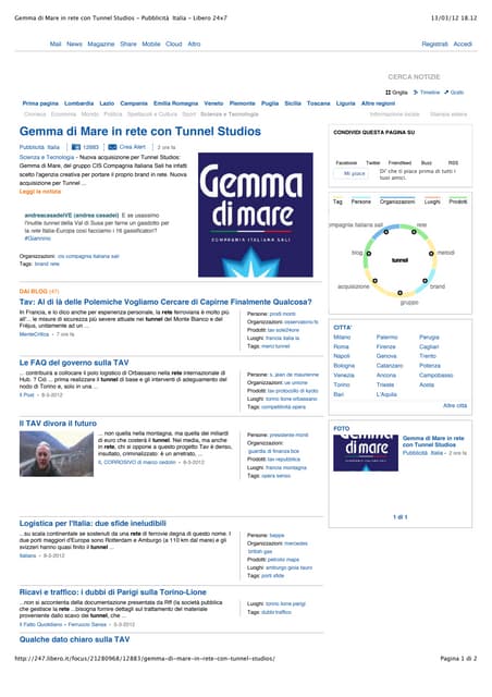 13/3/12 Libero /// Gemma di Mare in rete con Tunnel Studios