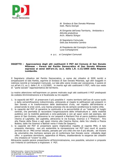 Pareri del PD di San Donato sul PGT, 13 gennaio 2011