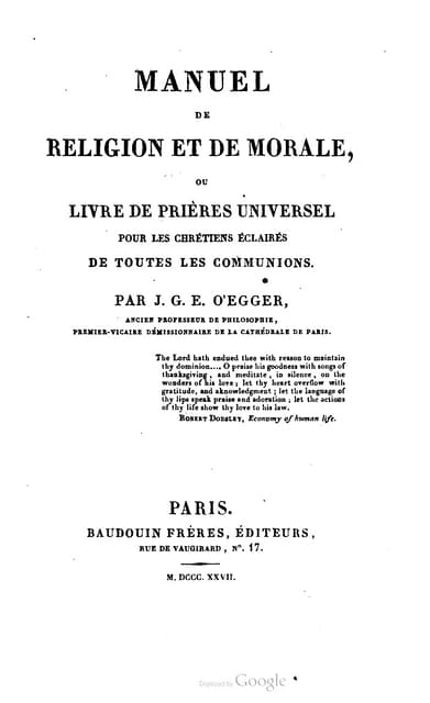 Abbé Guillaume OEGGER Manuel de Religion et de Morale 1827