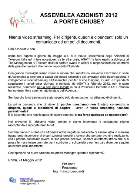 Asati: Assembela Azionisti TI 2012 a porte chiuse?