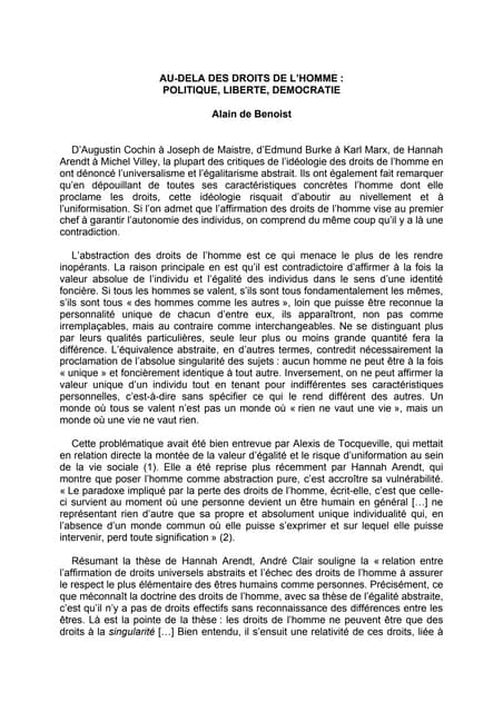 (Bibliothèque identitaire) alain de benoist   au dela des droits de l'homme (...