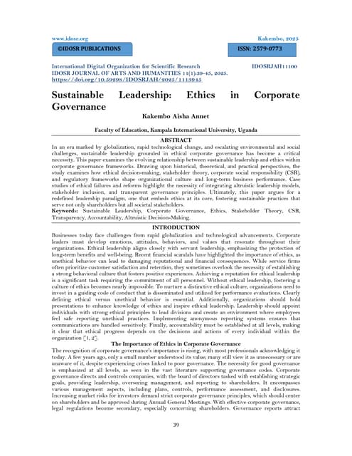 Sustainable Leadership: Ethics in Corporate  Governance (www.kiu.ac.ug)