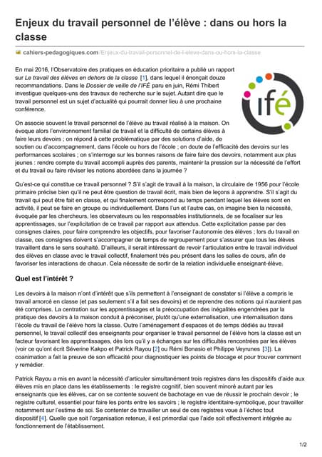 enjeux du travail personnel de l'élève dans ou hors la classe