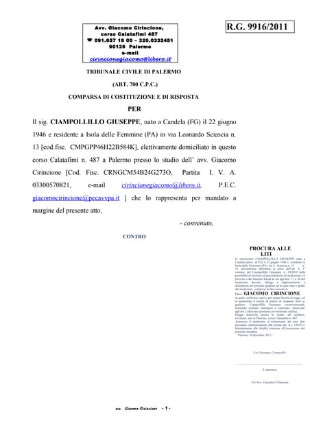 Comparsa di costituzione e di risposta procedimento 9916 2011