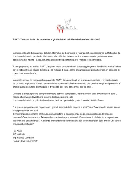 Comunicato Asati sul piano industriale 2011-2013