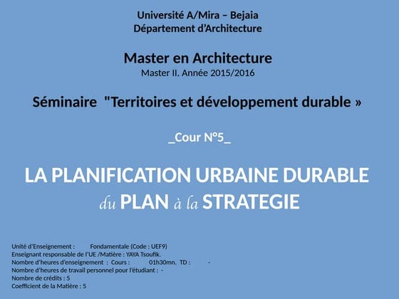 Cours: la planification urbaine durable
