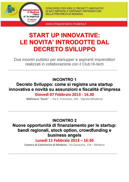 Due Incontri con gli Esperti per Approfondire il tema "Startup e Novità intro...
