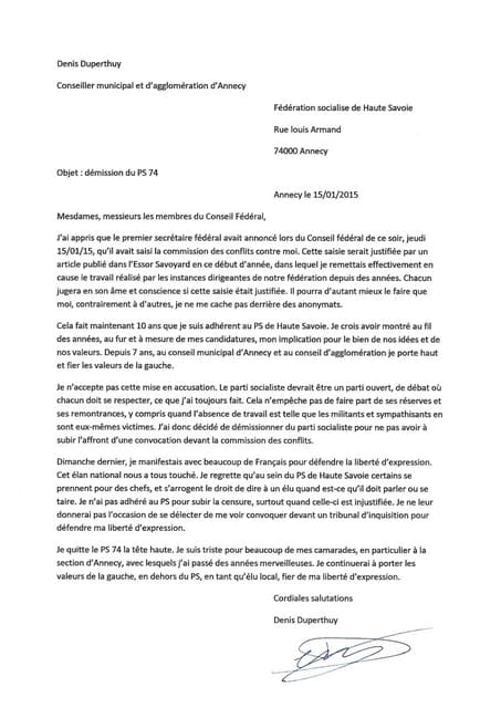 Lettre de démission de Denis Duperthuy