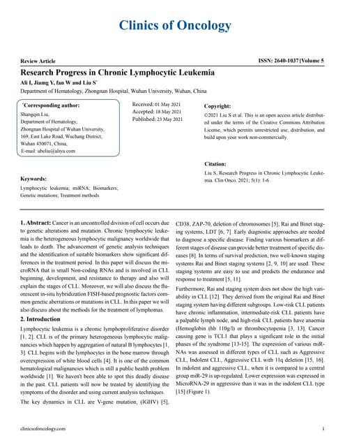 Research Progress in Chronic Lymphocytic Leukemia