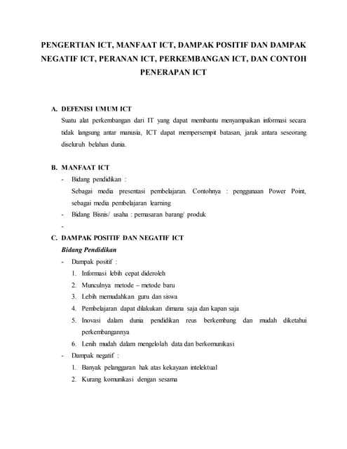 PENGERTIAN ICT, MANFAAT ICT, DAMPAK POSITIF DAN DAMPAK NEGATIF ICT, PERANAN I...