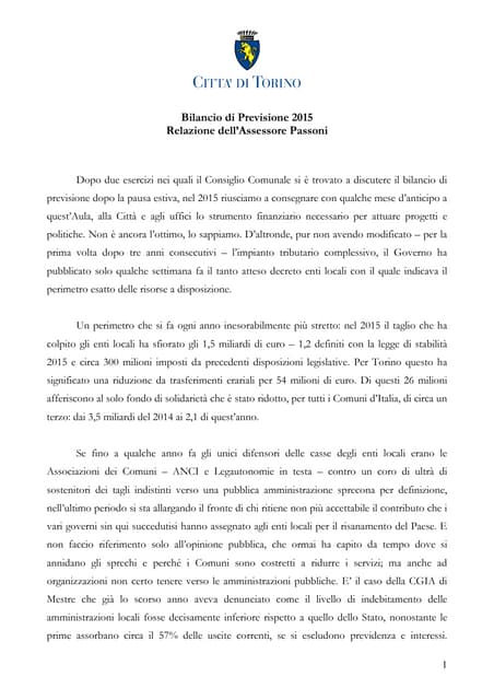 Comune di Torino - Relazione consiglio bilancio di previsione 2015