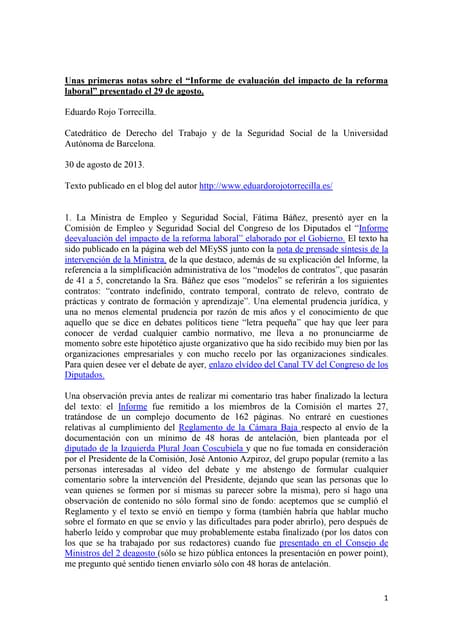 Unas primeras notas sobre el “Informe de evaluación del impacto de la reforma...