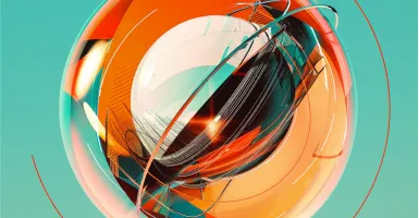 Spherical design with dynamic orange and black elements encased in a transparent shell
