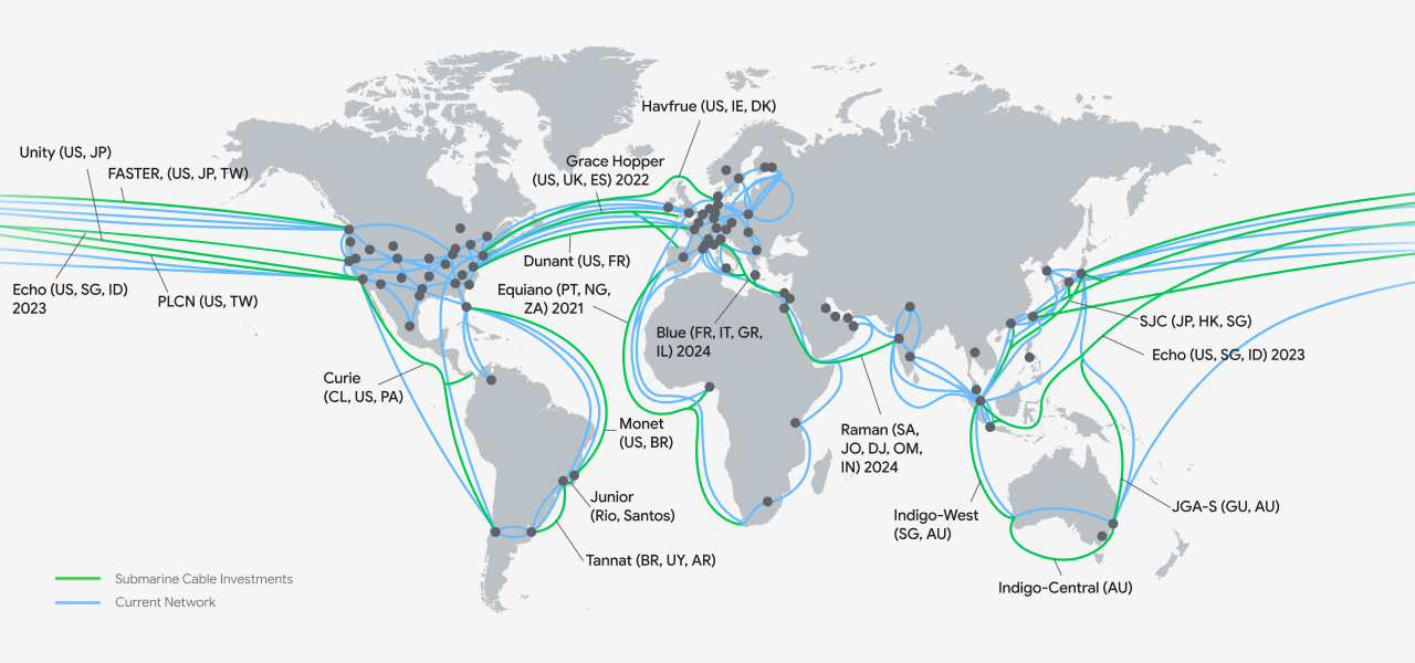現在と開設予定のケーブル接続を示した地図