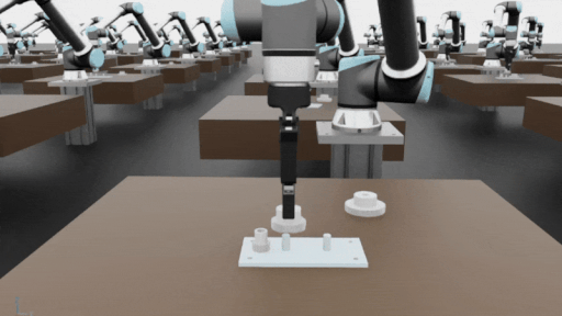 GIF showing the UR10e robot performing insertion using the trained model in Isaac Lab simulation.  