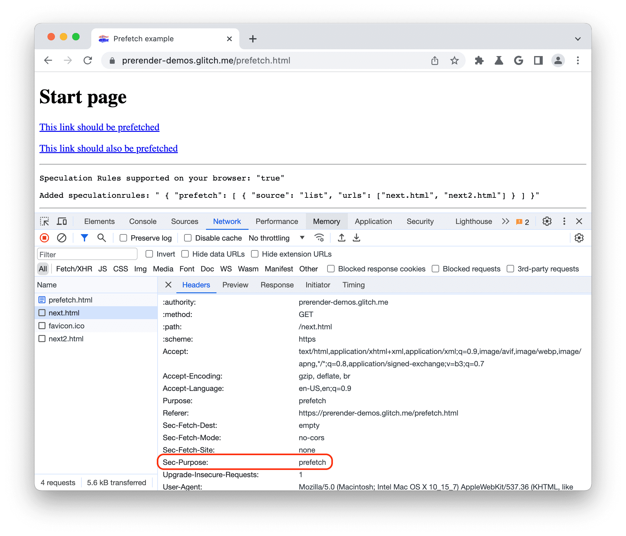 Encabezados de la recuperación previa de las Herramientas para desarrolladores de Chrome con Sec-Purpose establecido en prefetch