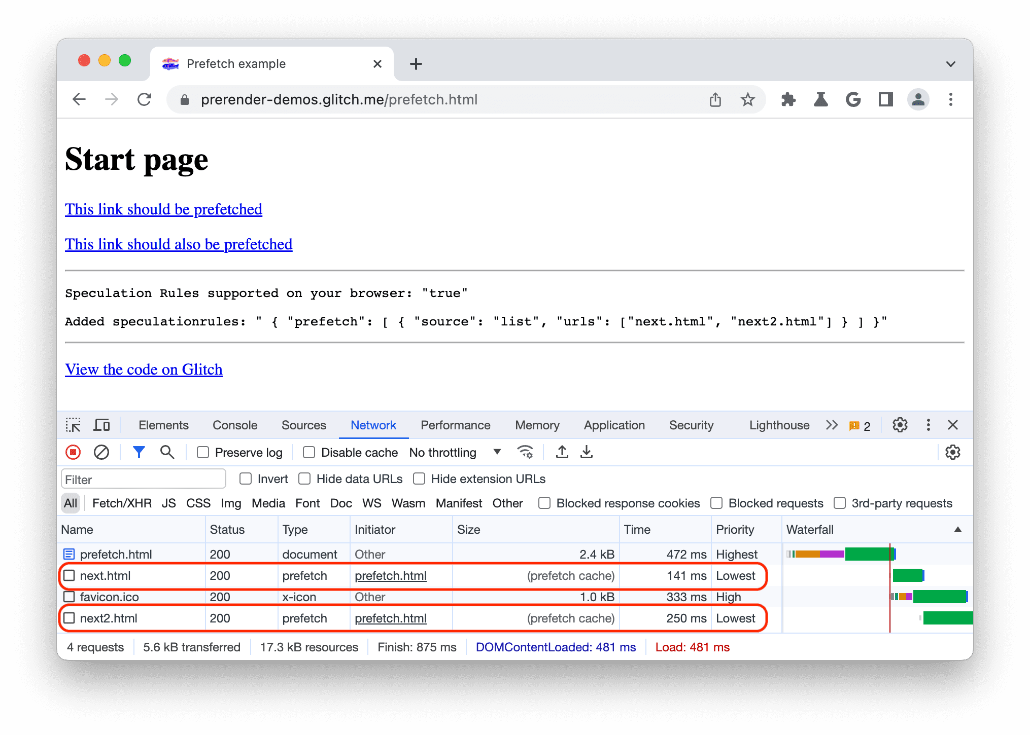 Panel de red en Herramientas para desarrolladores de Chrome que muestra documentos obtenidos previamente