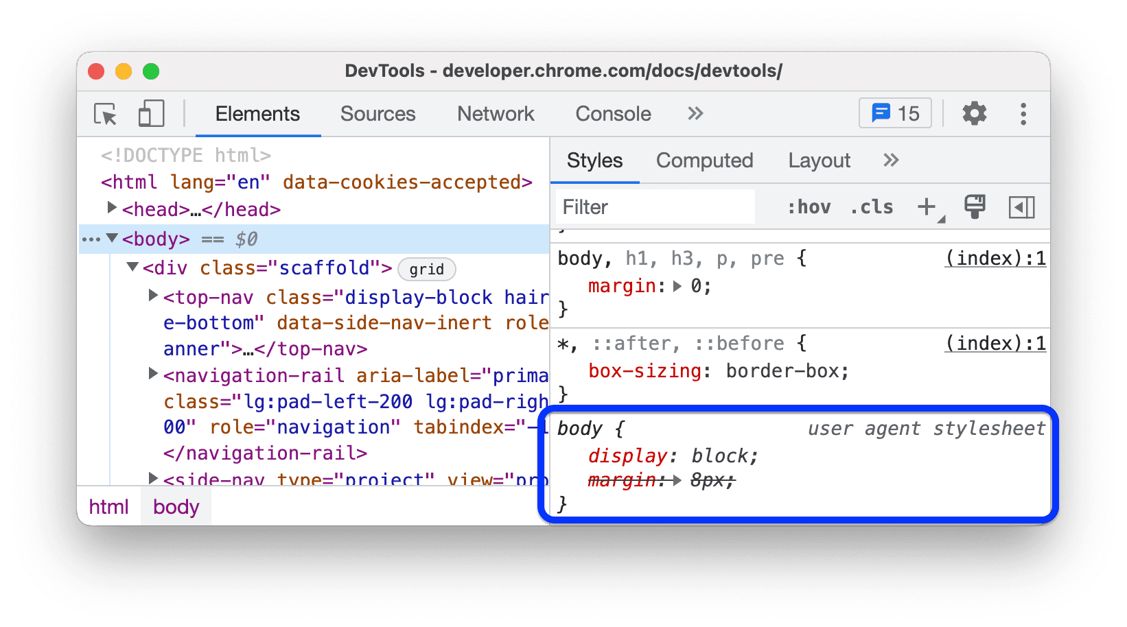 使用者代理程式樣式表中的 CSS。
