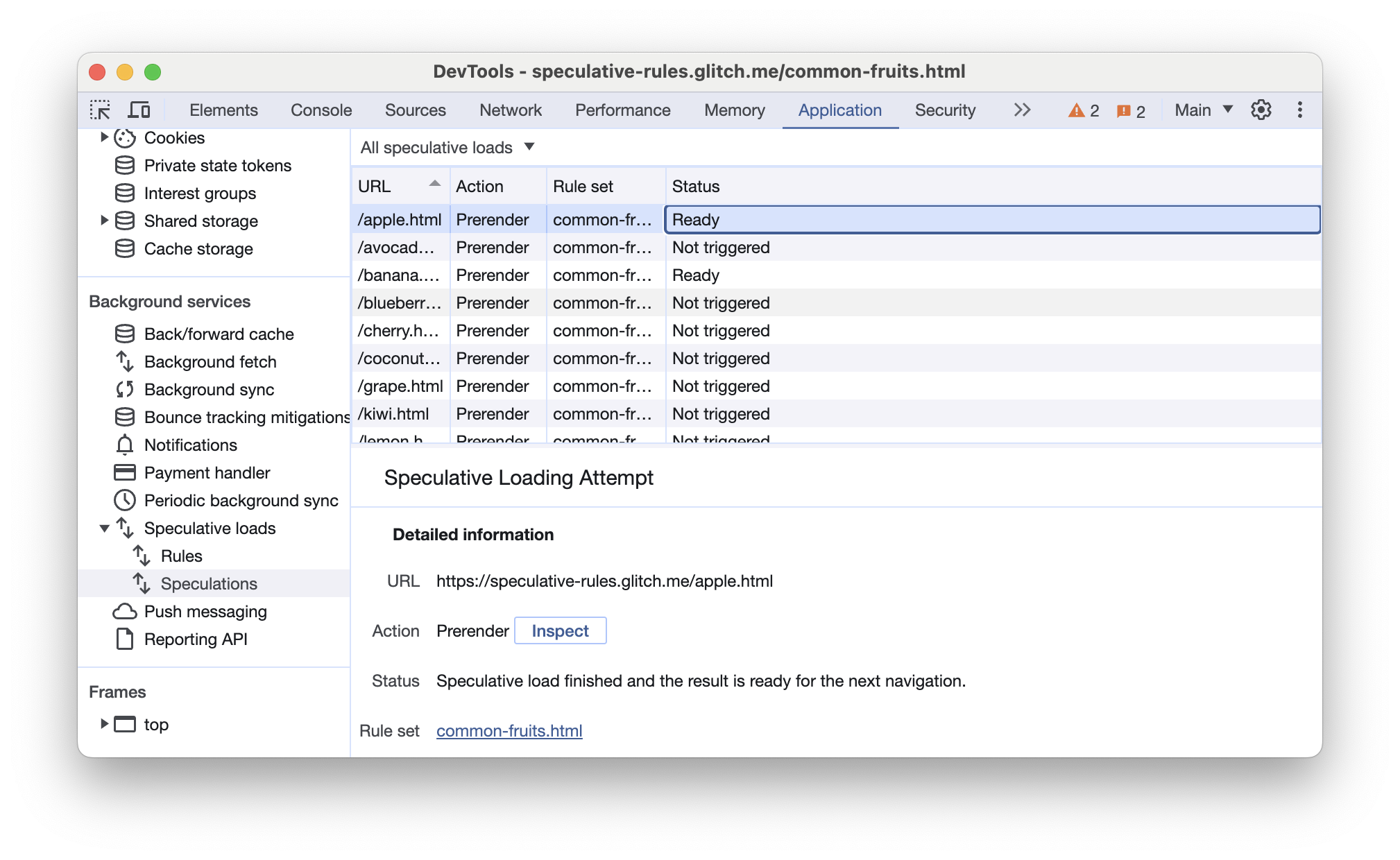 Chrome 開發人員工具的「Speculations」分頁，顯示觸發預先算繪的網頁
