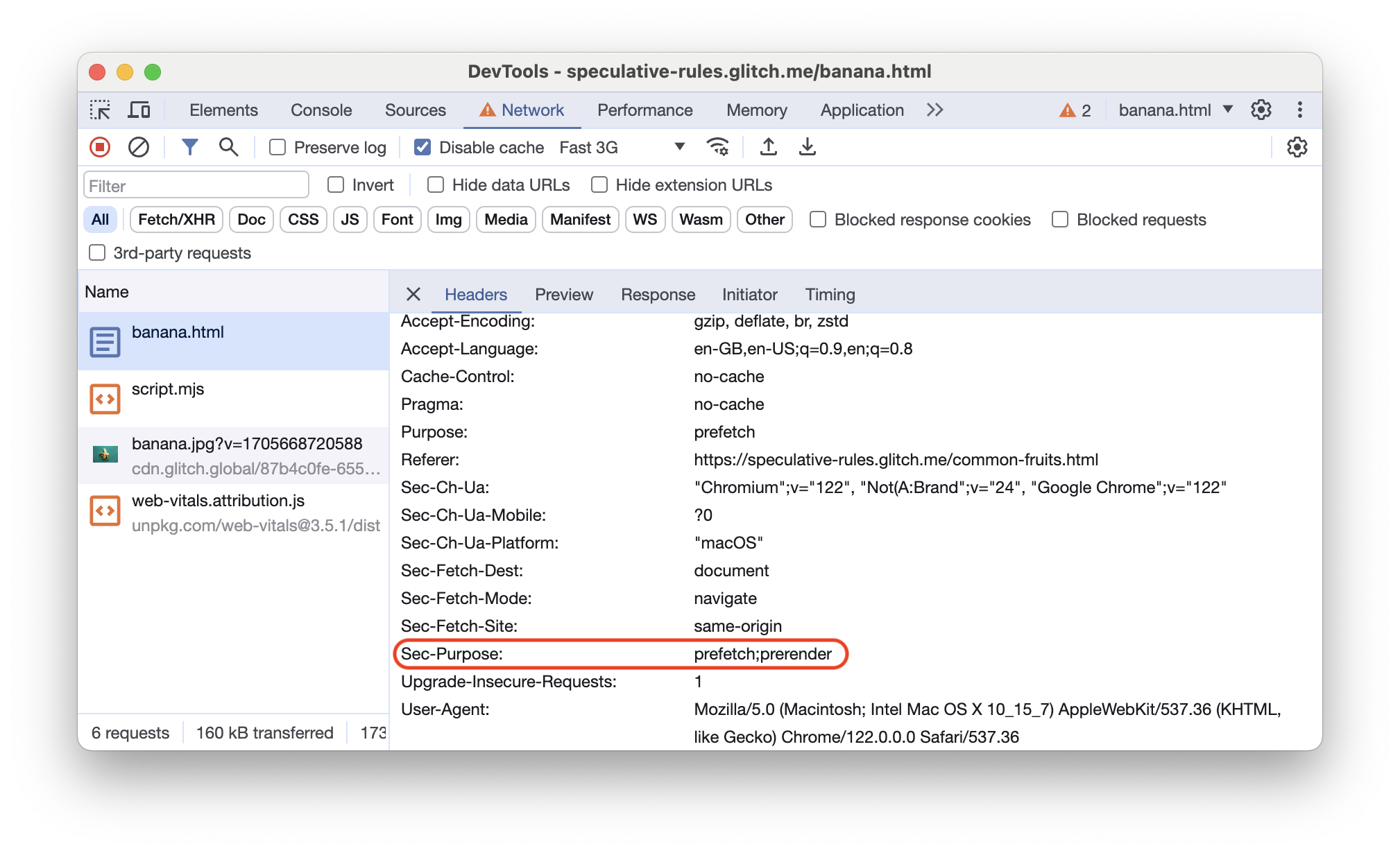 Önceden oluşturulmuş bir sayfanın Sec-Purpose üstbilgisini gösteren Chrome Geliştirici Araçları Ağ paneli