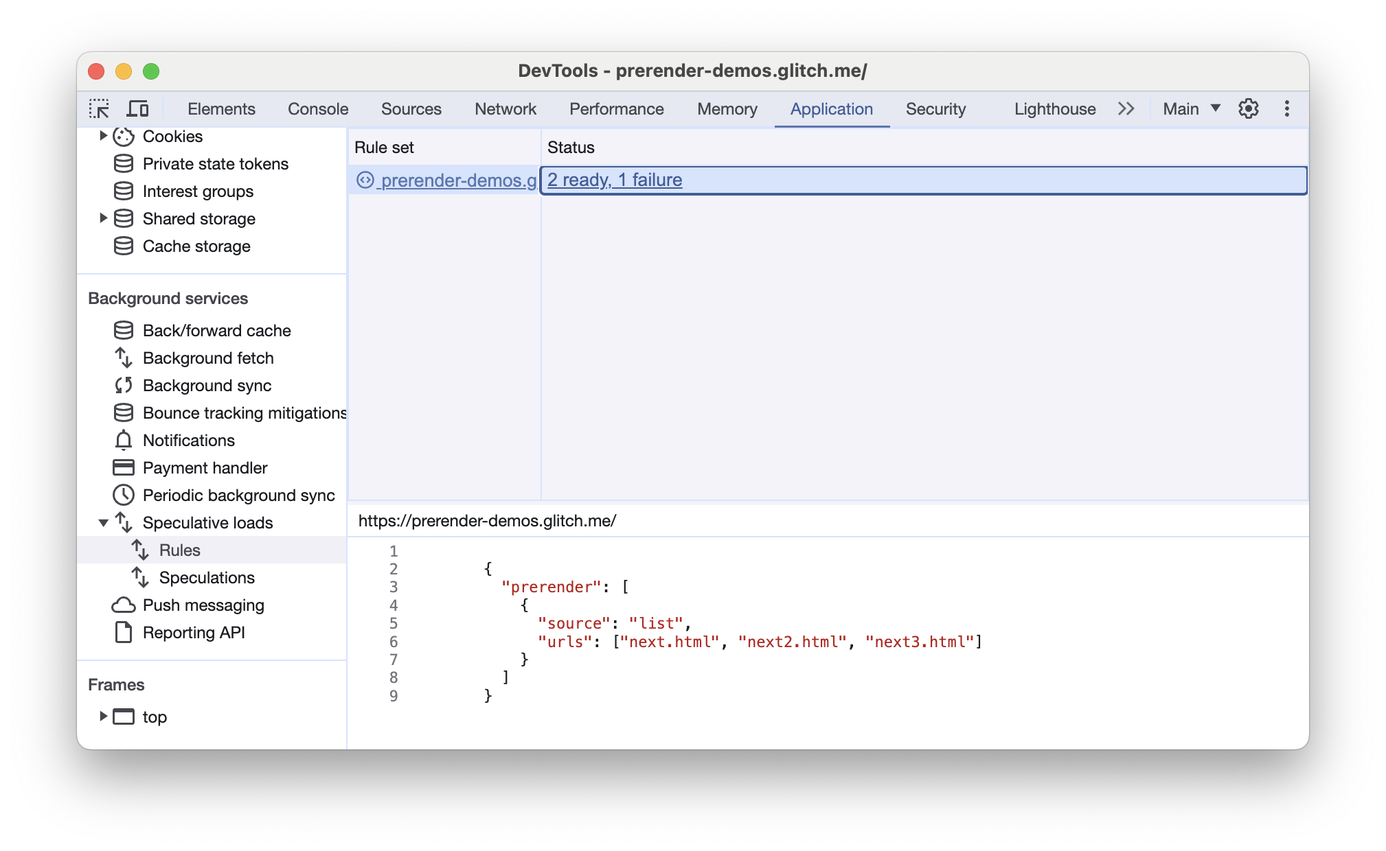 O Chrome DevTools carrega guias especulativas para uma página com regras de especulação de pré-renderização