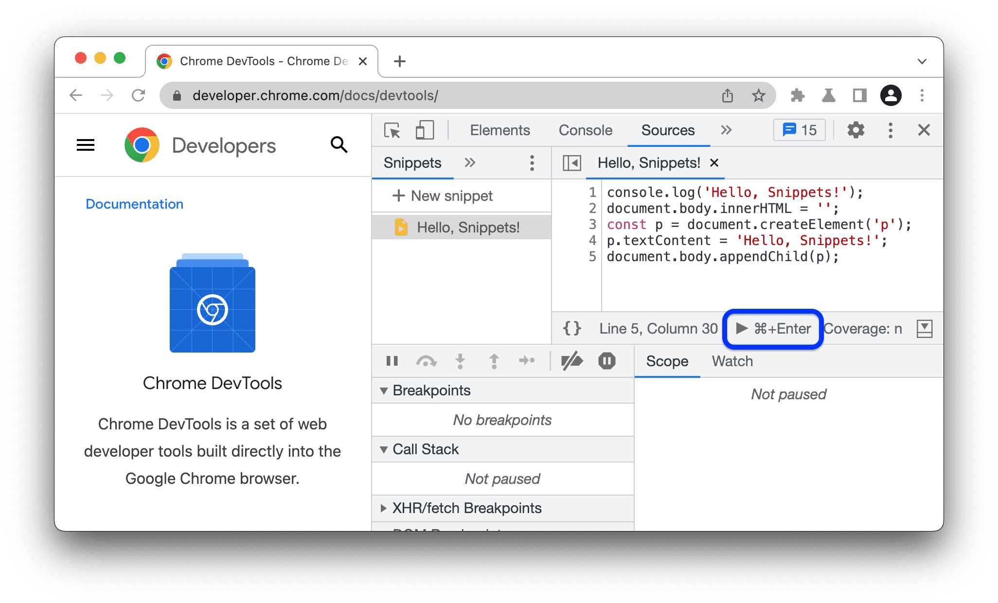 Strona główna dokumentacji DevTools przed uruchomieniem fragmentu kodu Wyróżniony jest przycisk Uruchom.