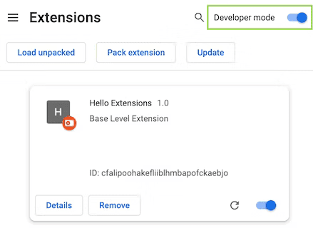 صفحة &quot;إضافات Chrome&quot; مع تمييز زر تفعيل &quot;وضع المطوّر&quot;