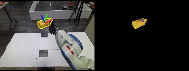 Two side-by-side GIFs showing the masking of an object in a robot manipulator on the left and foundation pose detection on the right.

