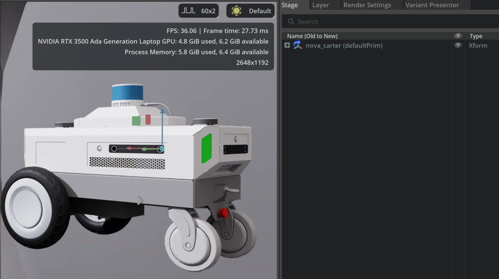 Screenshot of wheeled object managed as an OpenUSD Payload.