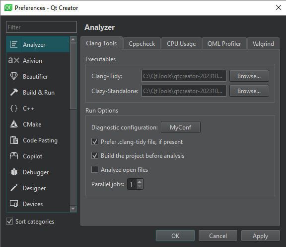 Preference categories in alphabetic order