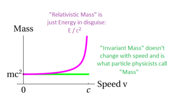 The two interpretations of  what "mass" means.  The first (in green) is that mass is something that does not change with speed -- often called "invariant mass" or "rest mass", it is used by particle physicists.  The other, "relativistic mass", is just energy divided by c-squared. Note the two are almost identical at small velocities and so are essentially equal in daily life.