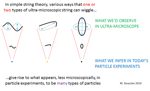 Fig. 2: In a simple string theory, there are few types  of string, perhaps only one.  But a string can wiggle many ways.  Viewed from afar, or by a macroscopic observer too large to see the string has a size, the many vibrations of the strings appear to be many types of particles.