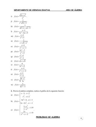 DEPARTAMENTO DE CIENCIAS EXACTAS AREA DE ÁLGEBRA
PROBLEMAS DE ALGEBRA
10
2
i) .
j) .
k) .
l)
m)
n)
o)
p)
q)
r)
s)
t)
u)
v)
w)
2. Previo al análisis completo, realice el gráfico de la siguiente función:
a) .
b) .
c) .
2
2
3
( )
x x
f x
x


2
1
( )
2 1
f x
x x


1
( )
1 1
f x
x x

  
2
1
( )
3 6 5
x
f x
x x


 
2
1
( )
1
x
f x
x



2
( )
1
x
f x
x x

 
2
1
( )
1
x
f x
x x


 
2
2
5 7
( )
2
x
f x
x



2
2
1
( )
1
x
f x
x



( )f x x x 
2
4
( )
3 2
f x
x


2
1
( )
2
x
f x
x x


 
2
1
( )
1
x
f x
x



3
8
( )
3
x
f x
x


3 2
( )
1
x
f x
x


2
3, 2
( )
, 2
x x
f x
x x
 
 

2
2
4 3, 1
( )
3 2 , 1
x x
f x
x x x
   
 
  
2
2
2
1
, 0
1( )
2
, 0
3
x
x
xf x
x
x
x x
 
  
 
  
 
