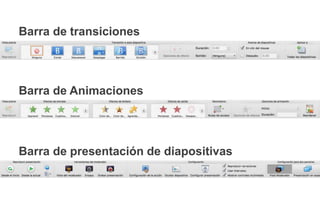 Barra de transiciones
Barra de Animaciones
Barra de presentación de diapositivas
 