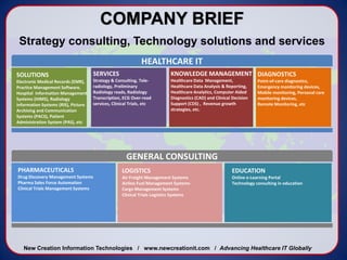 COMPANY BRIEFStrategy consulting, Technology solutions and services HEALTHCARE ITKNOWLEDGE MANAGEMENTHealthcare Data  Management, Healthcare Data Analysis & Reporting, Healthcare Analytics, Computer Aided Diagnostics (CAD) and Clinical Decision Support (CDS) ,  Revenue growth strategies, etc.        SERVICESStrategy & Consulting, Tele-radiology, Preliminary Radiology reads, Radiology Transcription, ECG Over-read services, Clinical Trials, etc          DIAGNOSTICSPoint-of-care diagnostics, Emergency monitoring devices,  Mobile monitoring, Personal care monitoring devices, Remote Monitoring, etcSOLUTIONSElectronic Medical Records (EMR), Practice Management Software, Hospital Information Management Systems (HIMS), Radiology Information Systems (RIS), Picture Archiving and Communication Systems (PACS), Patient Administration System (PAS), etcGENERAL CONSULTINGPHARMACEUTICALSDrug Discovery Management SystemsPharma Sales Force AutomationClinical Trials Management SystemsLOGISTICSAir Freight Management SystemsAirline Fuel Management SystemsCargo Management SystemsClinical Trials Logistics SystemsEDUCATIONOnline e-Learning PortalTechnology consulting in educationNew Creation Information Technologies   /   www.newcreationit.com   /  Advancing Healthcare IT Globally