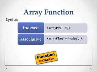 Array Function
Syntax

indexed
associative

•array(‘value’, );
•array(‘key’ =>’value’, );

 