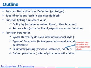  Function Declaration and Definition (prototype)
 Type of functions (built in and user-defined)
 Function Calling and return value
 Calling by (variable, constant, literal, other function)
 Return value (variable, literal, expression, other function)
 Function Parameter
 Syntax (formal syntax and informal/unusual style )
 Types of Parameter (Actual parameters and formal
parameters)
 Parameter passing (by value, reference, pointer)
 Default parameter (order of parameter will matter)
Outline
Parameter pass
by pointer will
discussed in later
chapter
 