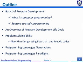 Outline
 Basics of Program Development
 What is computer programming?
 Reasons to study programming
 An Overview of Program Development Life Cycle
 Problem Solving Skills
 Algorithm Design using flow chart and Pseudo codes
 Programming Languages Generations
 Programming Languages Paradigms
Chapter 1
3
 