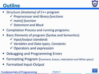 Outline
 Structure (Anatomy) of C++ program
 Preprocessor and library functions
 main() function
 Statement and Block
 Compilation Process and running programs:
 Basic Elements of program (Syntax and Semantics)
 Input/output standards
 Variables and Data types, Constants
 Operators and expression
 Debugging and Programming Errors
 Formatting Program {Comment, braces, Indentation and White space}
 Formatted Input-Output
Chapter 2
5
 