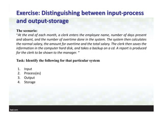 Exercise: Distinguishing between input-process
and output-storage
The scenario:
“At the end of each month, a clerk enters the employee name, number of days present
and absent, and the number of overtime done in the system. The system then calculates
the normal salary, the amount for overtime and the total salary. The clerk then saves the
information in the computer hard disk, and takes a backup on a cd. A report is produced
for the clerk to be shown to the manager. “
Task: Identify the following for that particular system
1. Input
2. Process(es)
3. Output
4. Storage
 