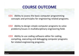 COURSE OUTCOME
CO1 Ability to assess the basic computer programming
concepts and principles for engineering related programs.
CO2 Ability to design simple computer programs to solve
problems/issues in multidisciplinary engineering field.
CO3 Ability to use coding software editor for coding,
compiling, executing and debugging computer programs
for related engineering programs.
 