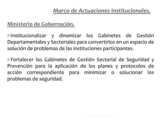Ministerio de Gobernación.
Institucionalizar y dinamizar los Gabinetes de Gestión
Departamentales y Sectoriales para convertirlos en un espacio de
solución de problemas de las instituciones participantes.
Fortalecer los Gabinetes de Gestión Sectorial de Seguridad y
Prevención para la aplicación de los planes y protocolos de
acción correspondiente para minimizar o solucionar los
problemas de seguridad.
Marco de Actuaciones Institucionales.
MINISTERIO DE EDUCACIÓN.
 
