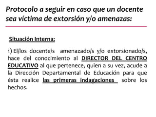 Situación Interna:
1) El/los docente/s amenazado/s y/o extorsionado/s,
hace del conocimiento al DIRECTOR DEL CENTRO
EDUCATIVO al que pertenece, quien a su vez, acude a
la Dirección Departamental de Educación para que
ésta realice las primeras indagaciones sobre los
hechos.
Protocolo a seguir en caso que un docente
sea víctima de extorsión y/o amenazas:
 