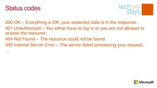 Status codes

200 OK – Everything is OK, your expected data is in the response.
401 Unauthorized – You either have to log in or you are not allowed to
access the resource.
404 Not Found – The resource could not be found.
500 Internal Server Error – The server failed processing your request.
…
 